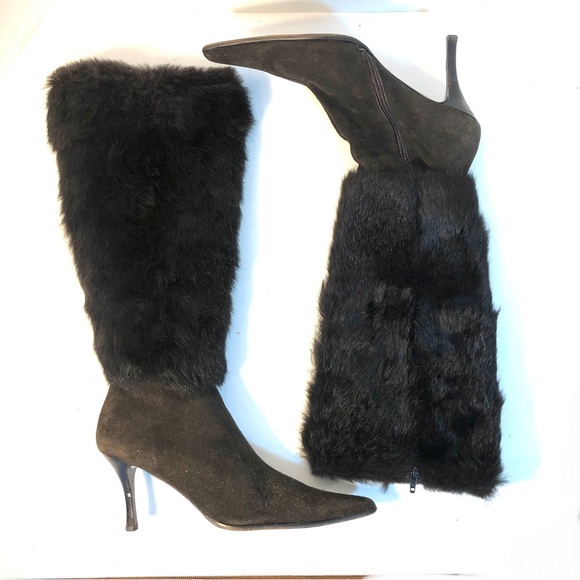 SAKS FIFTH AVENUE Dark Brown Rabbit Fur and Suede Knee High Boots - Picture 1 of 12
